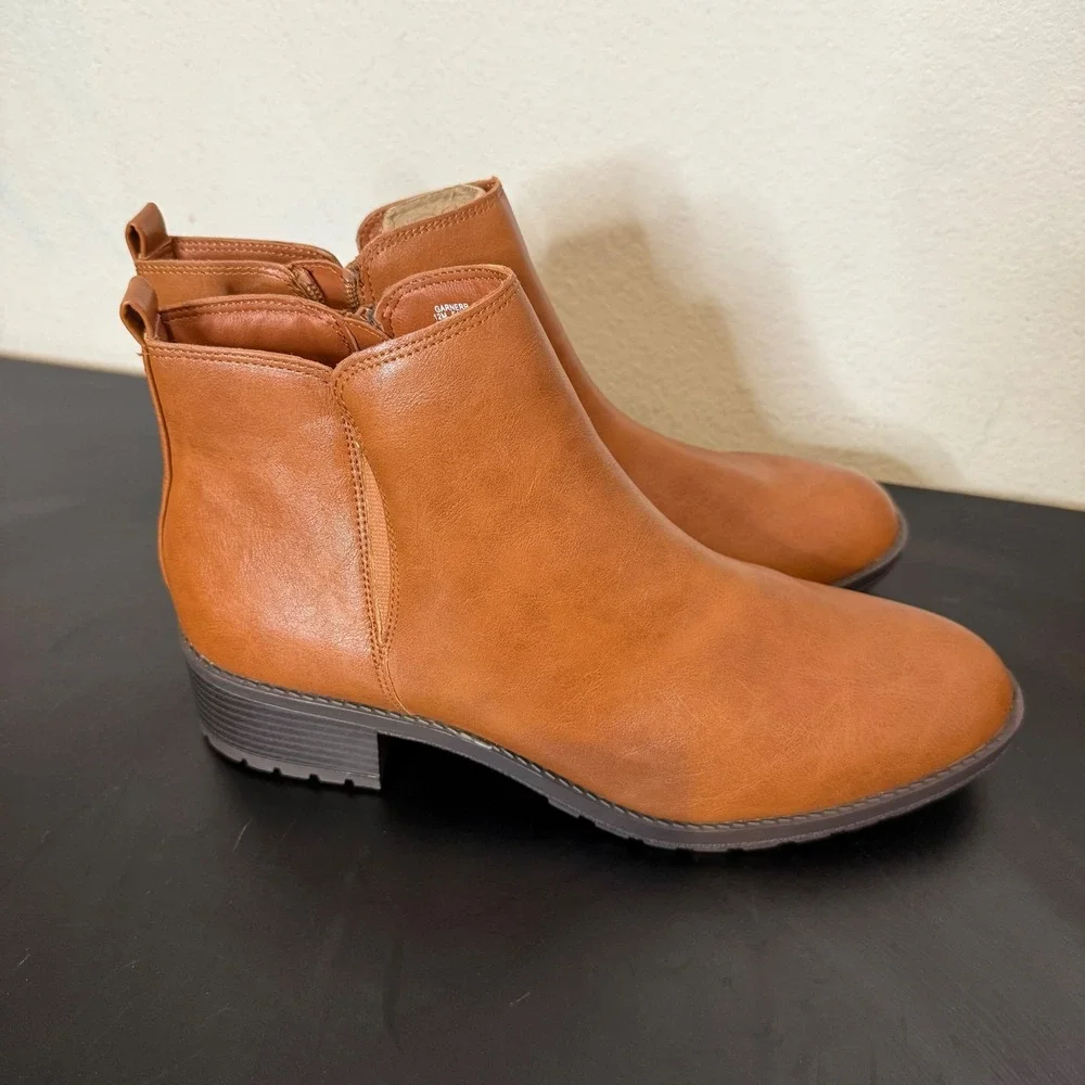 Cognac Brown Ankle Boots Womens 12 Lug Sole Faux Leather Low Block Heel‎  Zip